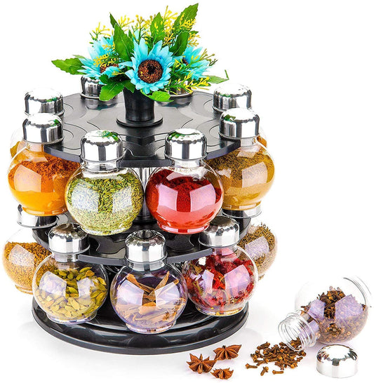 360 Degree Revolving Round Shape Transparent Spice Rack (16 Jar)