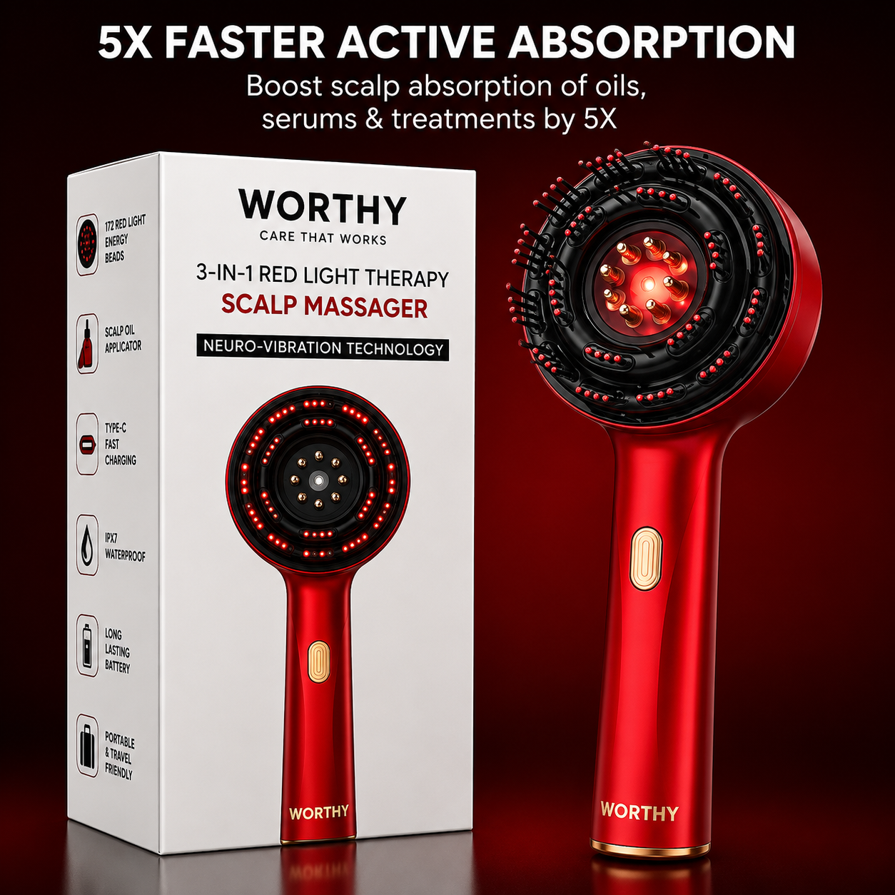 Worthy 3-1 Red Light Therapy Scalp Massager |Hair Growth Brush | Upgraded